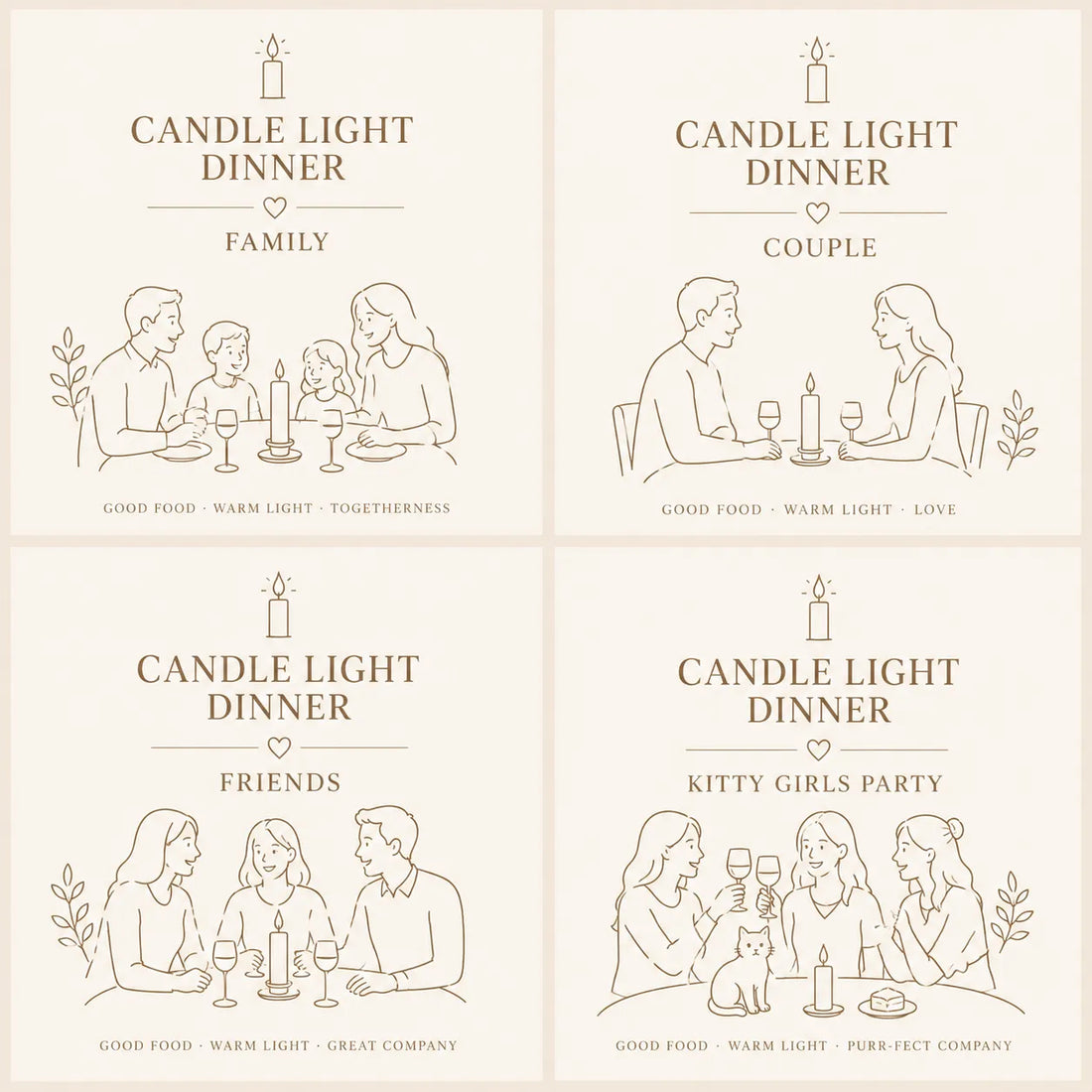 Minimal candle light dinner themed illustration set featuring family dinner, couple date, friends gathering, and kitty girls party in elegant line art style.