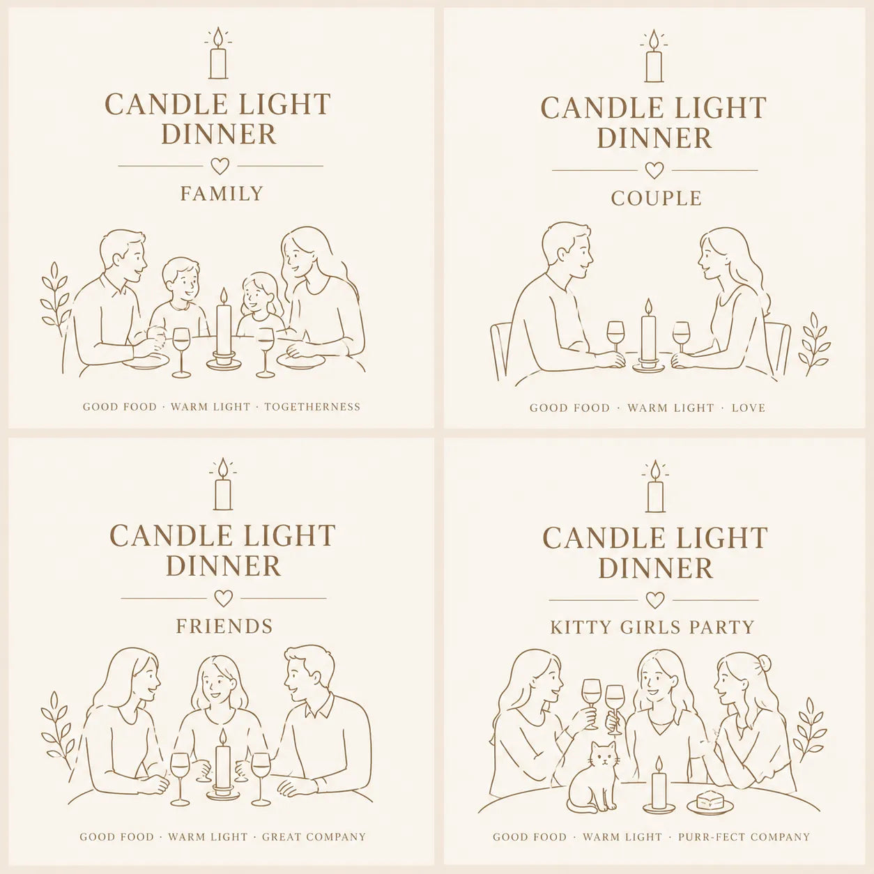 Minimal candle light dinner themed illustration set featuring family dinner, couple date, friends gathering, and kitty girls party in elegant line art style.