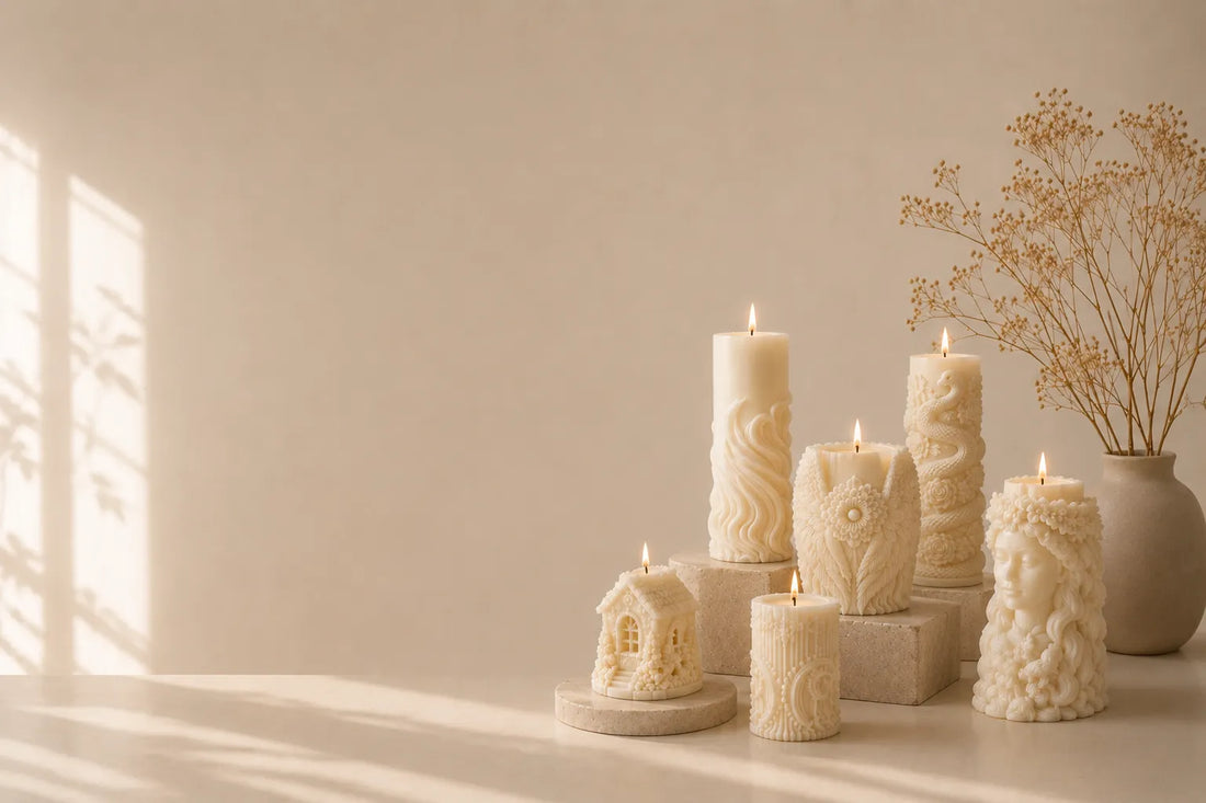 Elegant handcrafted decorative candles displayed on a minimalist table with soft natural light, creating a warm and luxurious home décor ambiance.