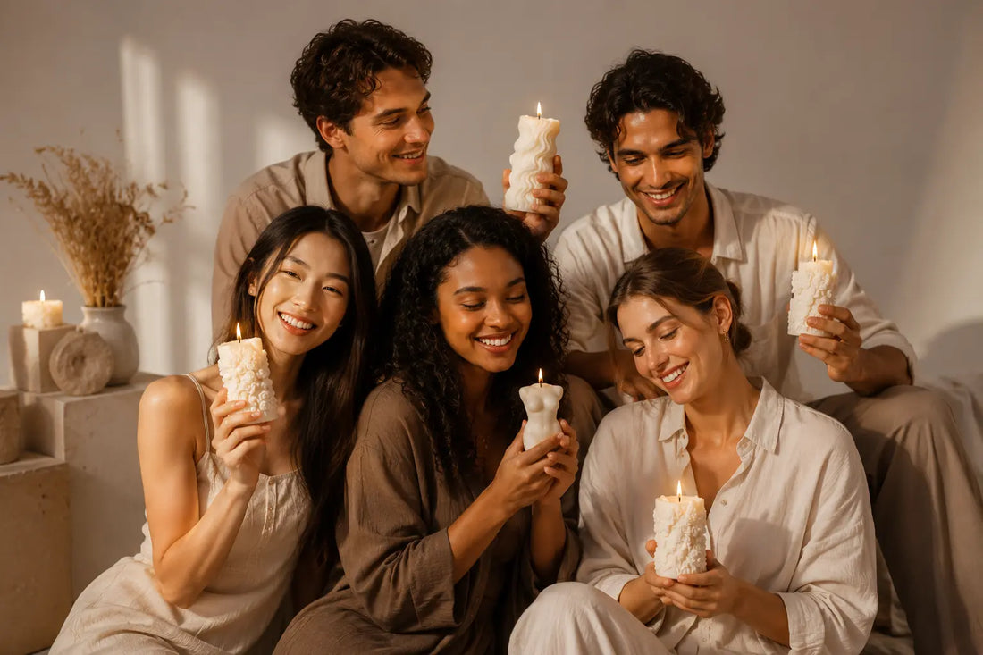 Group of friends enjoying handcrafted decorative soy wax candles in a warm minimalist interior with soft lighting and cozy luxury ambience.