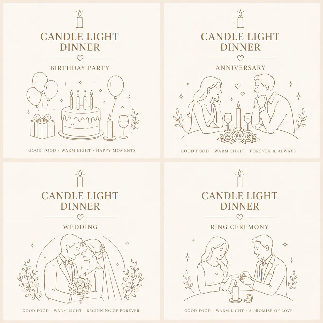 Minimal candle light dinner themed illustration set featuring family dinner, couple date, friends gathering, and kitty girls party in elegant line art style.