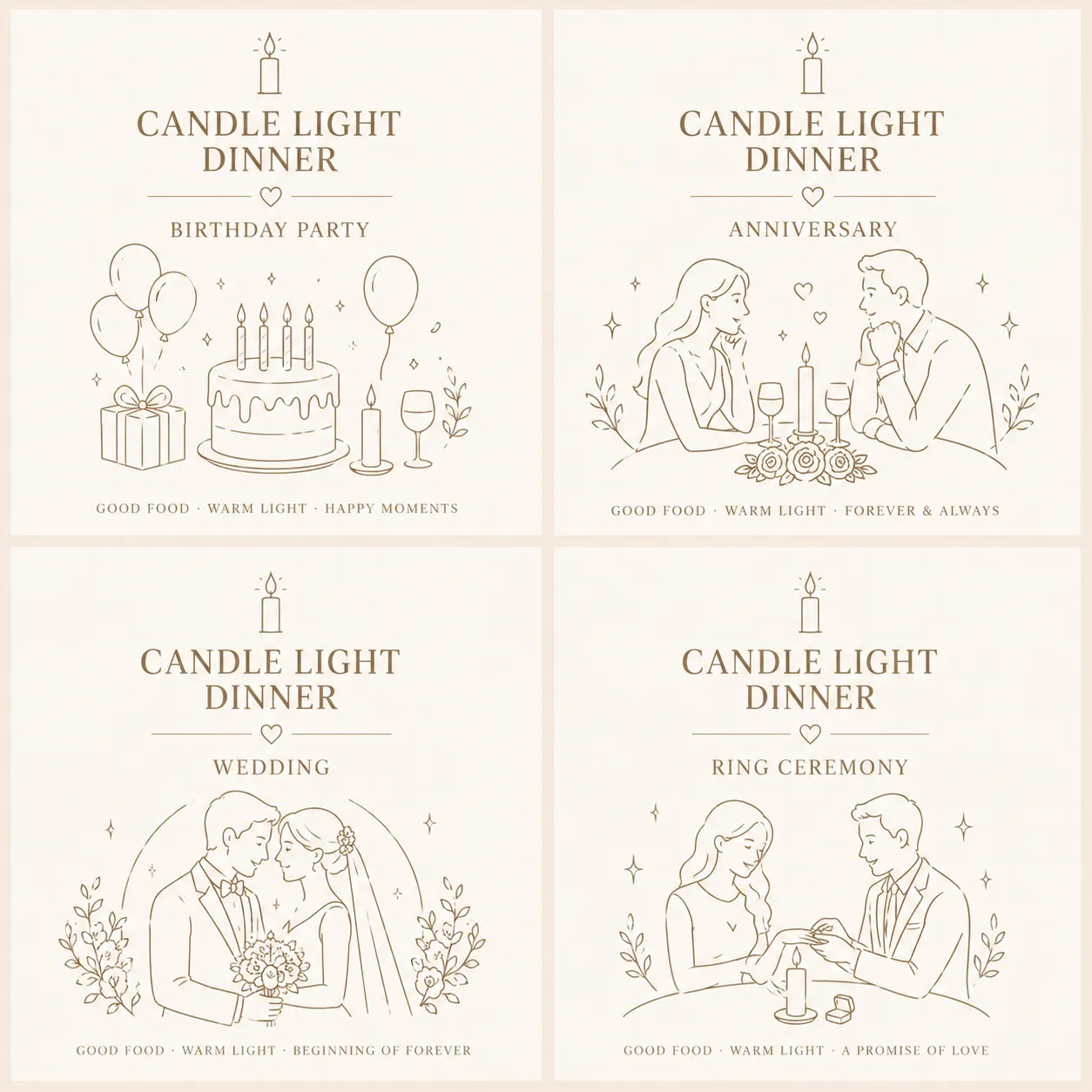 Minimal candle light dinner themed illustration set featuring family dinner, couple date, friends gathering, and kitty girls party in elegant line art style.