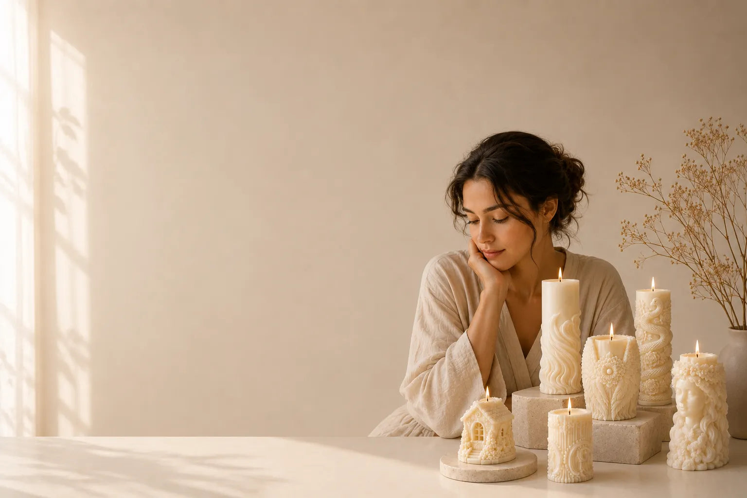 Woman admiring a collection of elegant handcrafted decorative candles arranged on a table in a softly lit minimalist home interior, creating a warm and luxurious ambiance.