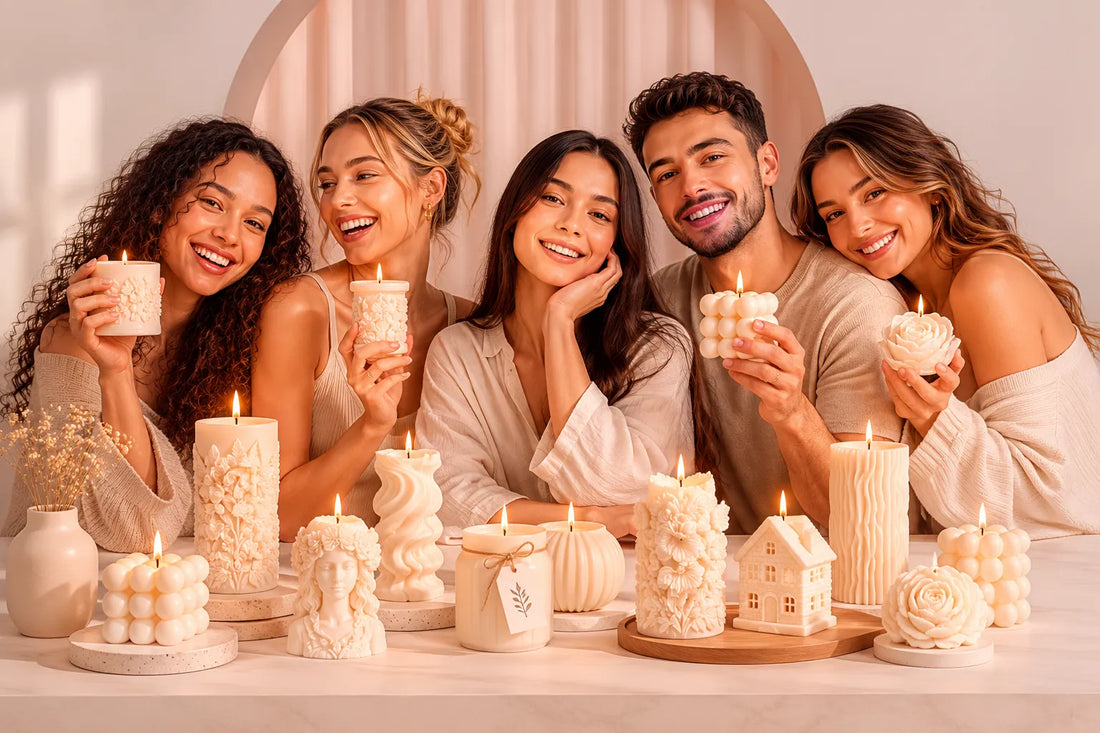 "DCPL Candles luxury decorative scented candles displayed by a happy group of people, showcasing premium home fragrance candles and elegant home décor accessories."