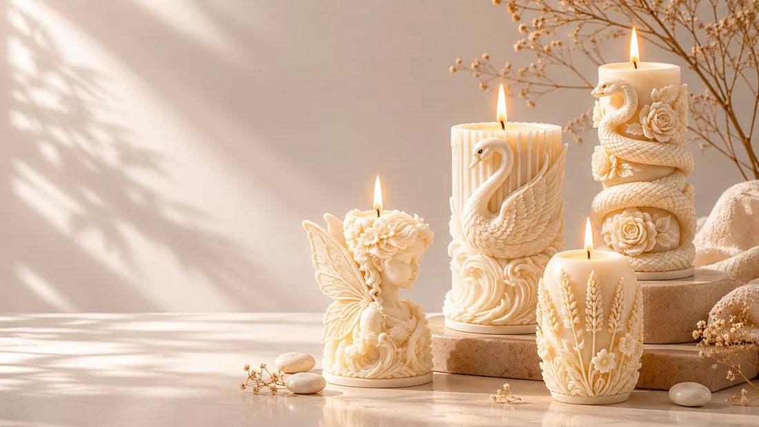 Elegant handcrafted soy wax decorative candles featuring French Vanilla, Lavender, and Camphor fragrances with artistic floral, swan, fairy, and serpent sculpted designs in a luxury neutral aesthetic home décor setting.