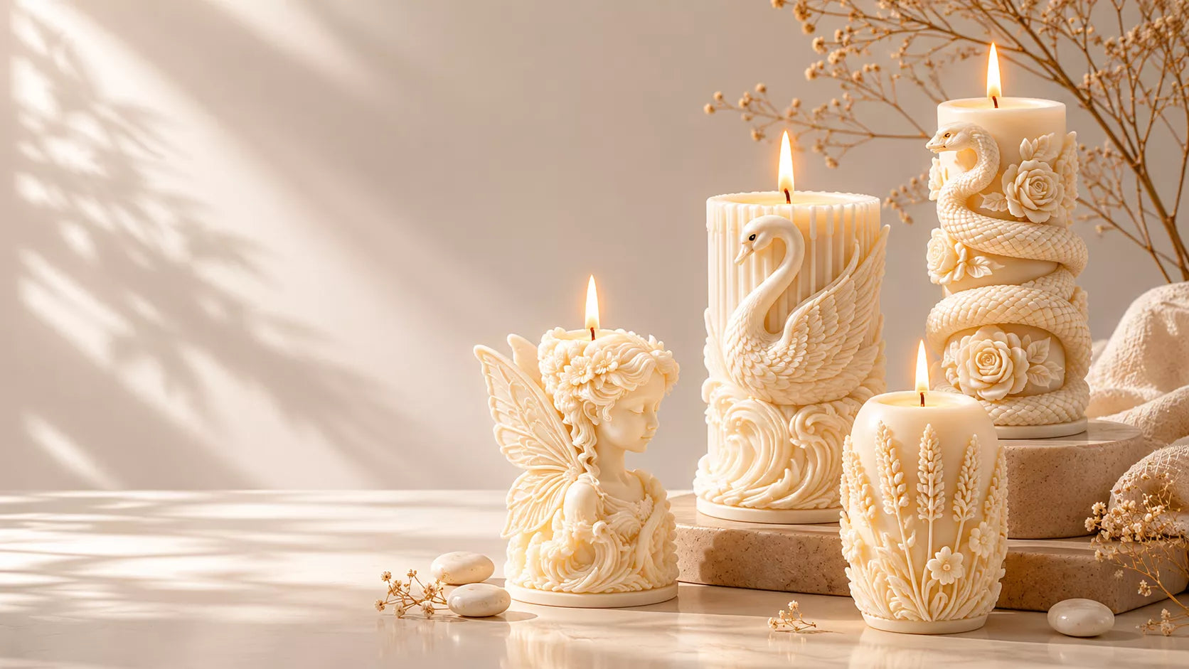 Elegant handcrafted soy wax decorative candles featuring French Vanilla, Lavender, and Camphor fragrances with artistic floral, swan, fairy, and serpent sculpted designs in a luxury neutral aesthetic home décor setting.