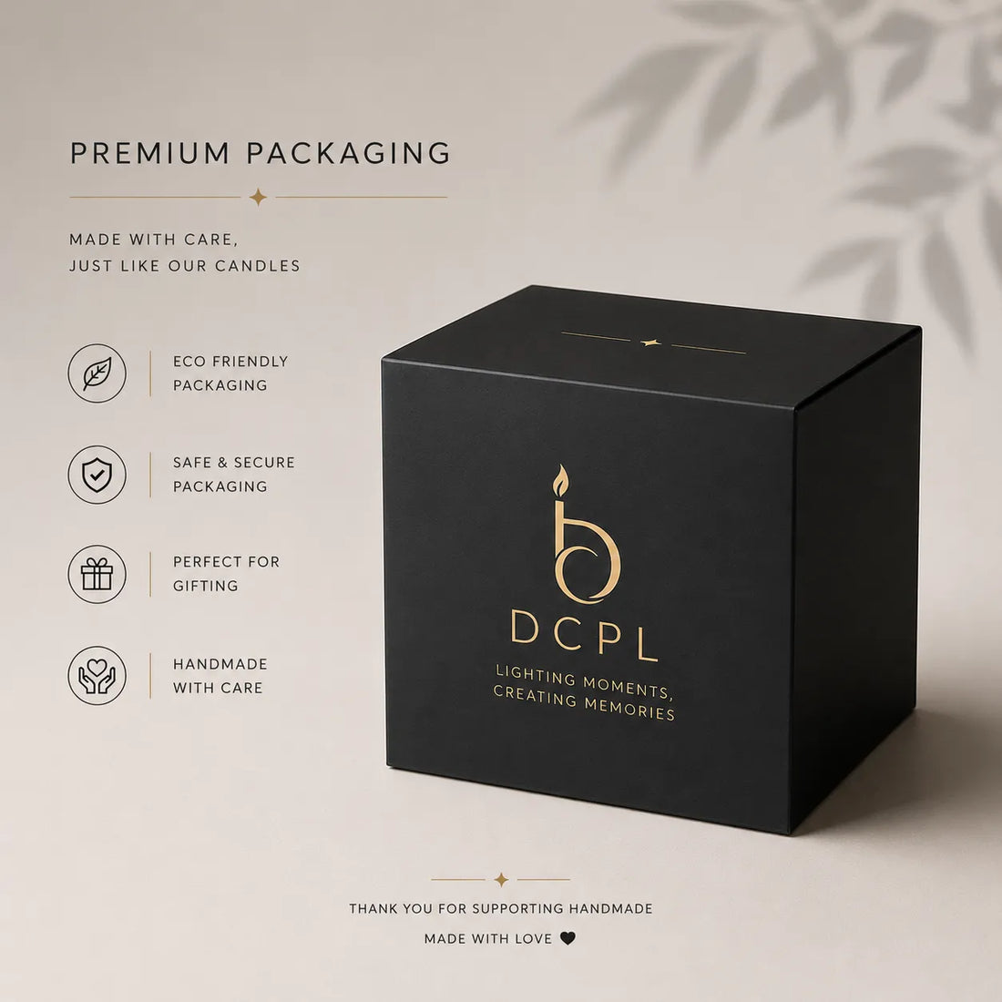Premium black candle packaging box with gold DCPL logo and elegant branding, eco-friendly and gift-ready handmade candle packaging design.