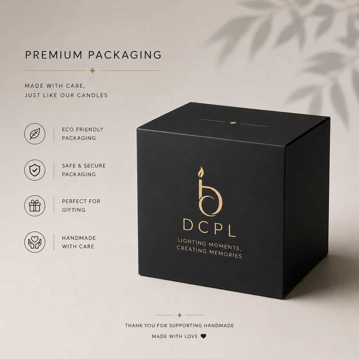 Premium black candle packaging box with gold DCPL logo and elegant branding, eco-friendly and gift-ready handmade candle packaging design.