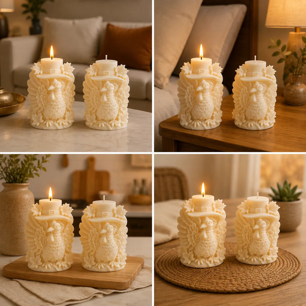 Set of decorative candles with animal designs on a table in a home setting.