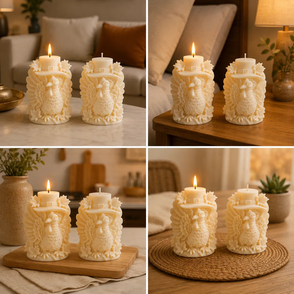 Set of decorative candles with animal designs on a table in a home setting.