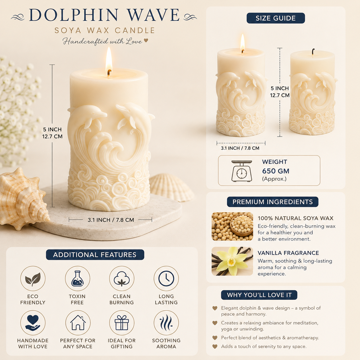 Ocean Dolphin Wave Vanilla Scented Candle, 160g DCPL Candles
