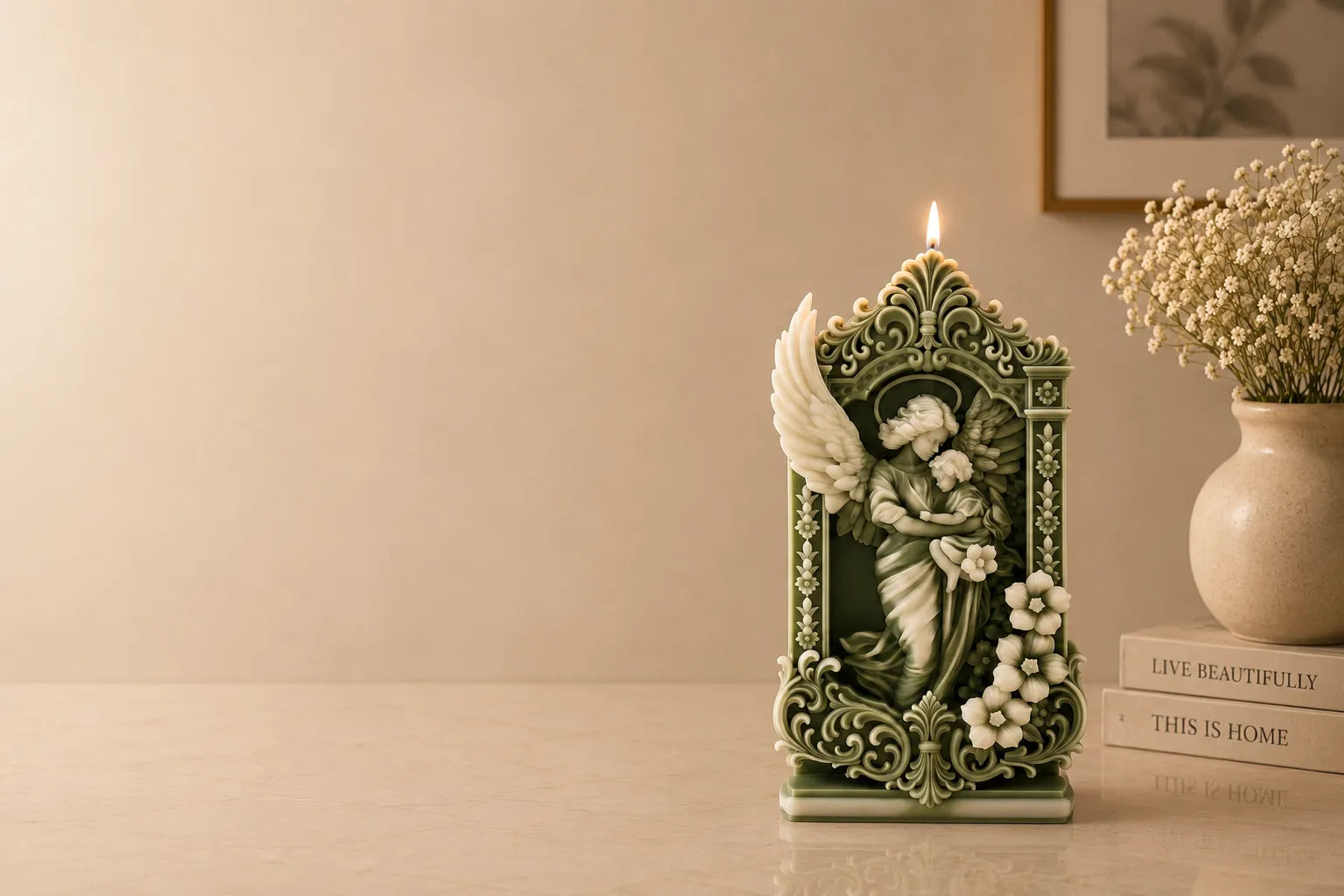 Decorative angel candle on a table with a vase of flowers and a framed picture in the background.