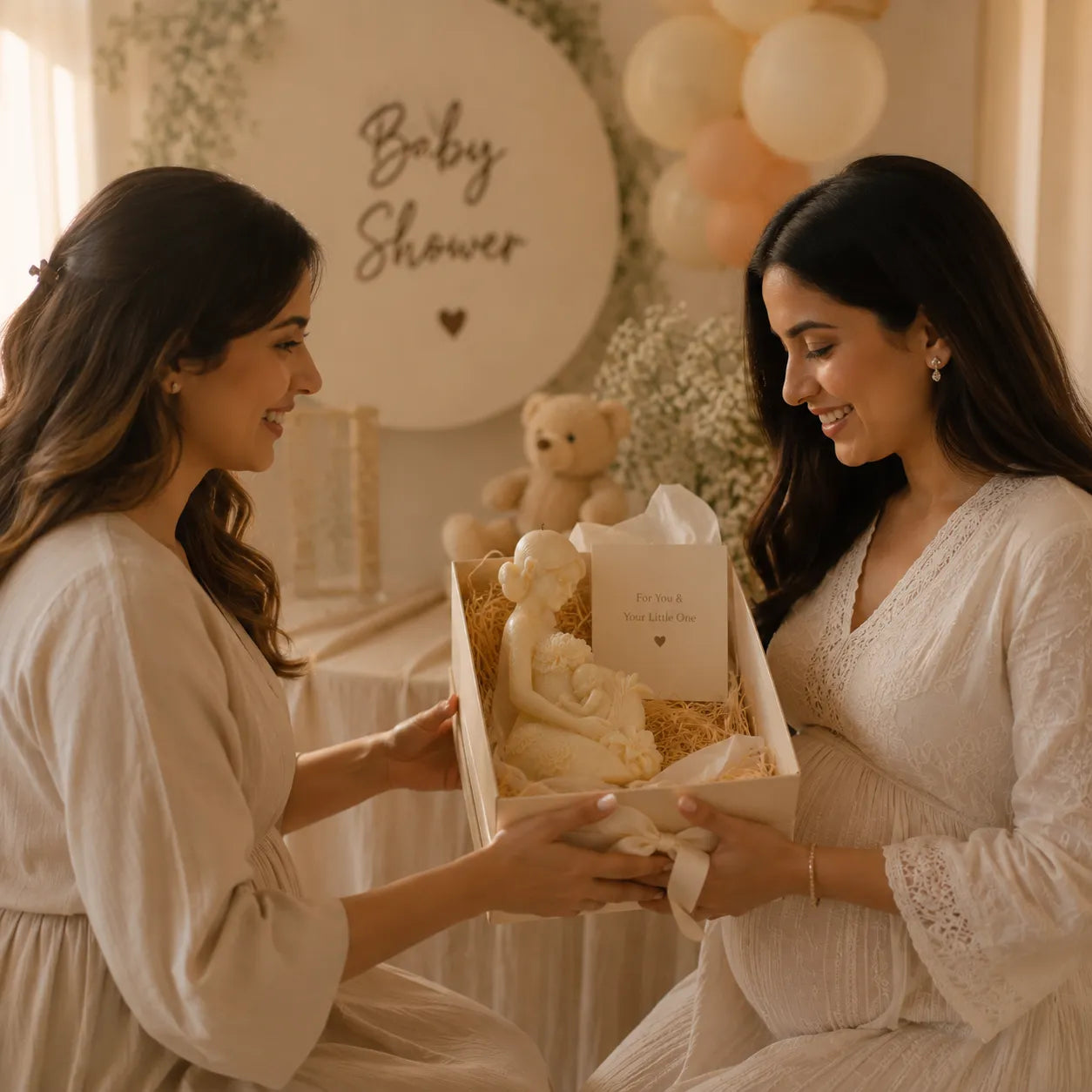 Two women at a baby shower exchanging gifts with a teddy bear and decorative items in the background.