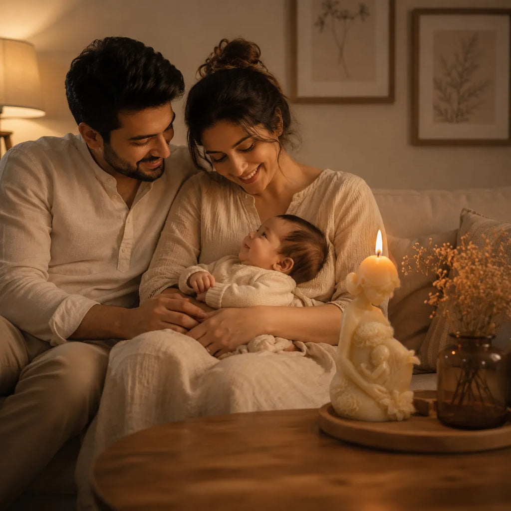Family of three sitting together in a cozy room with a candle and decorative items.
