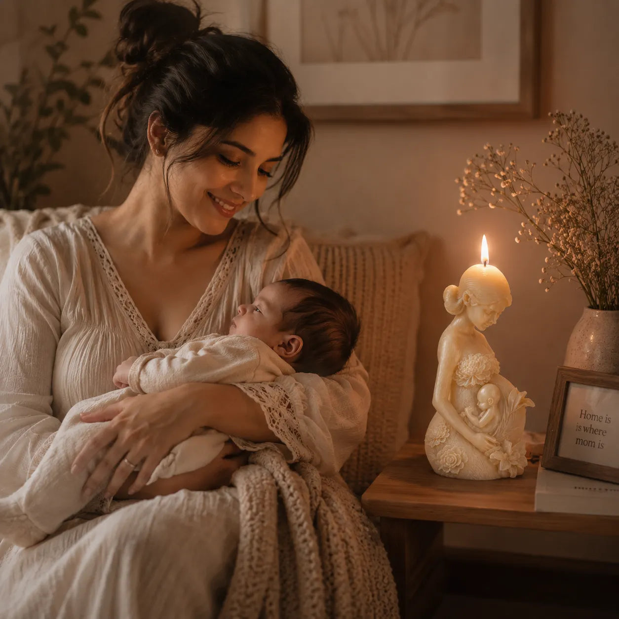 Woman holding a baby in a cozy room with a candle and decorative items.