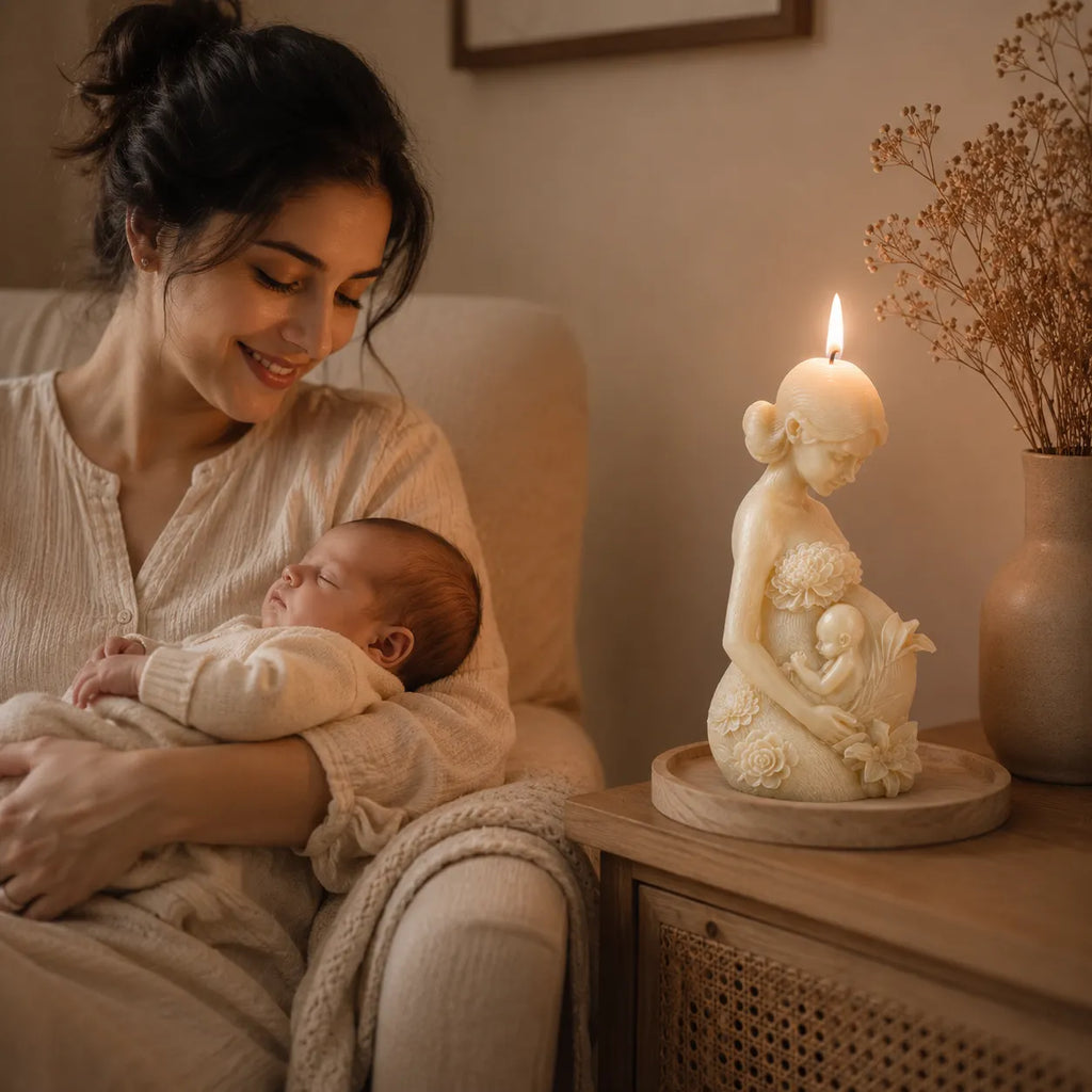 Woman holding a baby next to a decorative candle figure on a table.