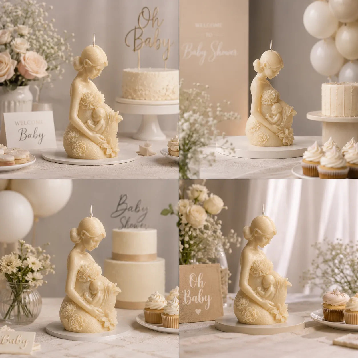 Collage of a baby shower setup with a decorative cake and 'Oh Baby' sign.
