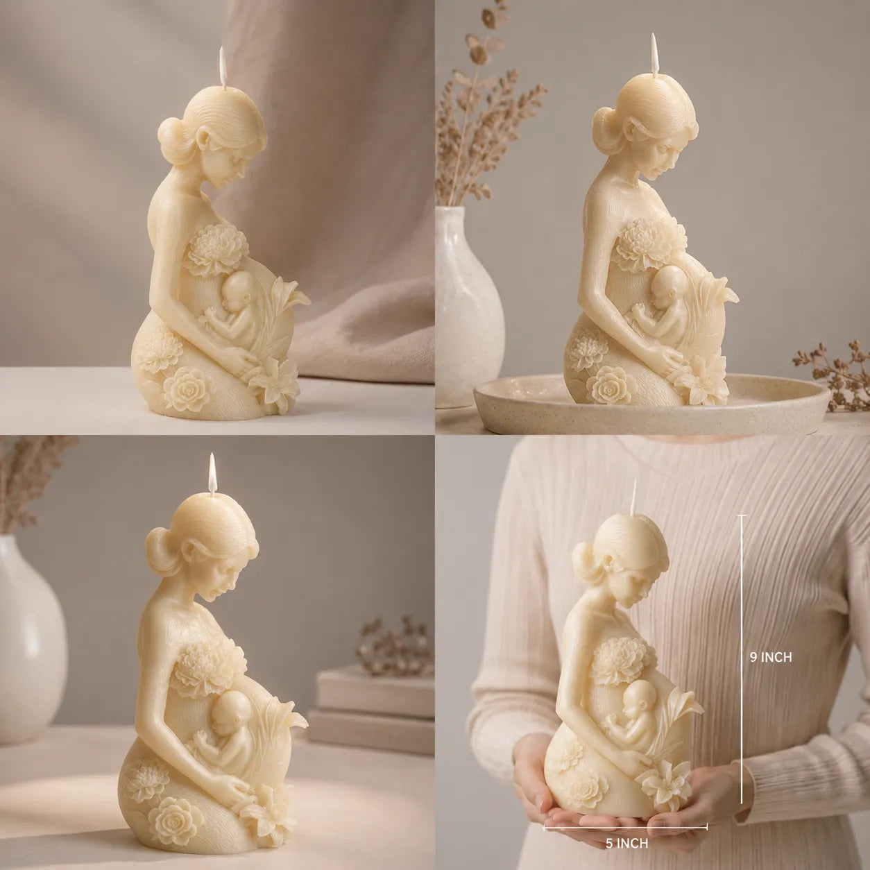 Candle sculpture of a woman holding a child with decorative elements on a neutral background.