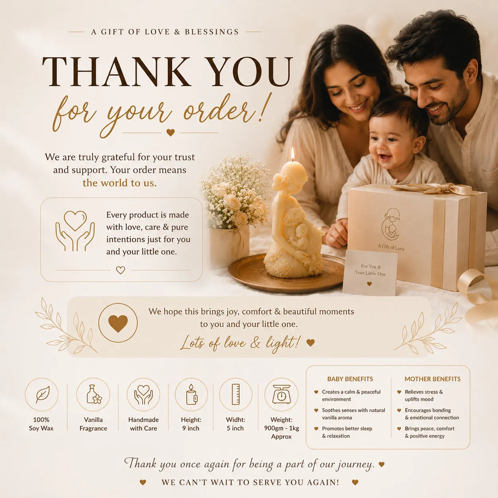 Family with a baby surrounded by a gift box and decorative items, with text about gratitude and product details.