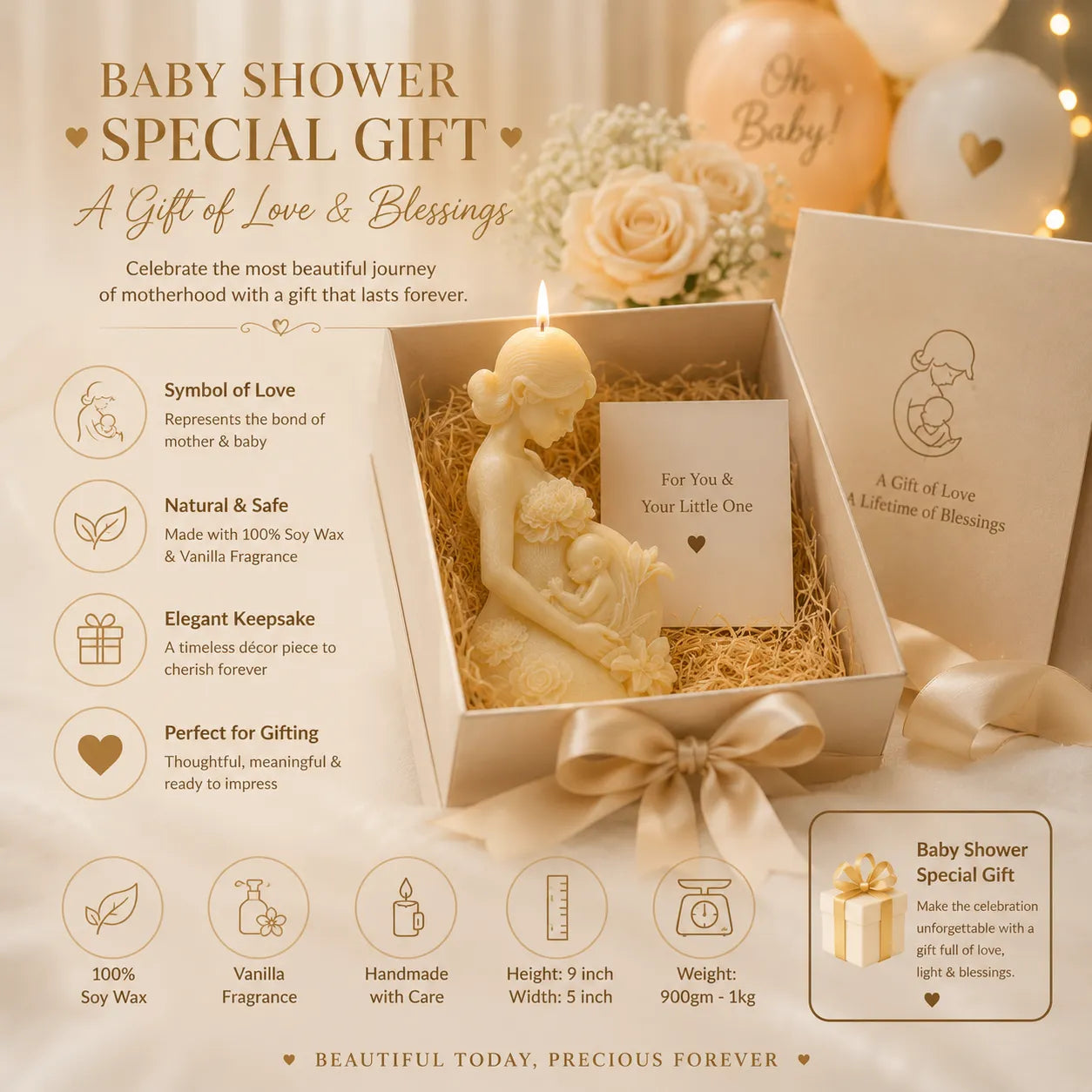 Baby shower special gift with candle and card, surrounded by decorative elements.