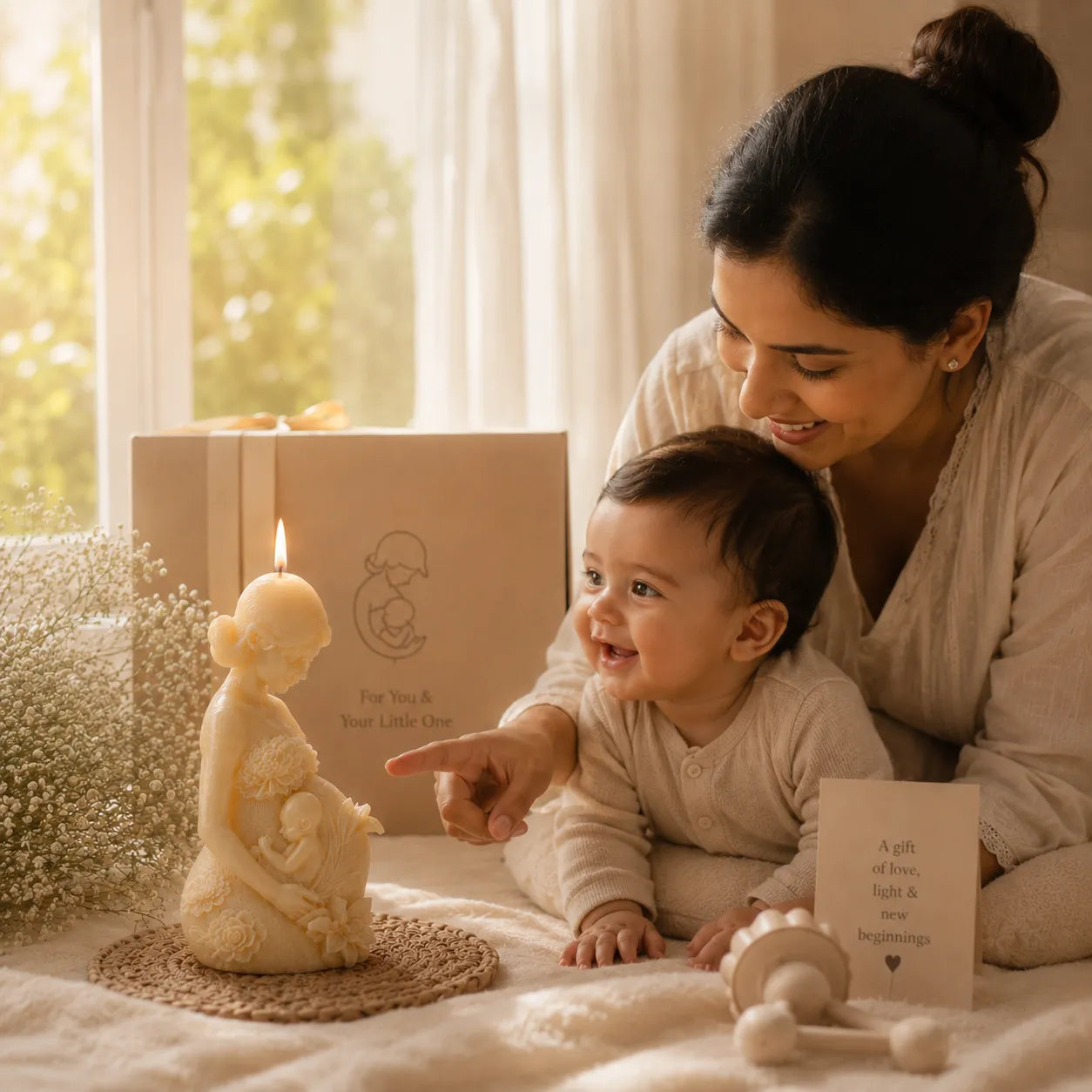 Woman and child sitting together with a baby statue and candle in a warm, indoor setting.