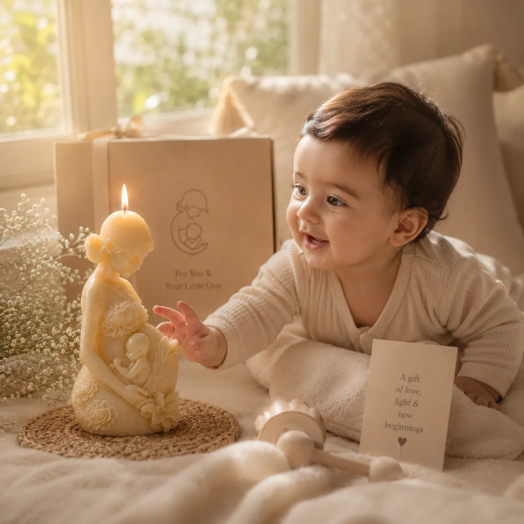 Baby interacting with a candle and card on a soft surface