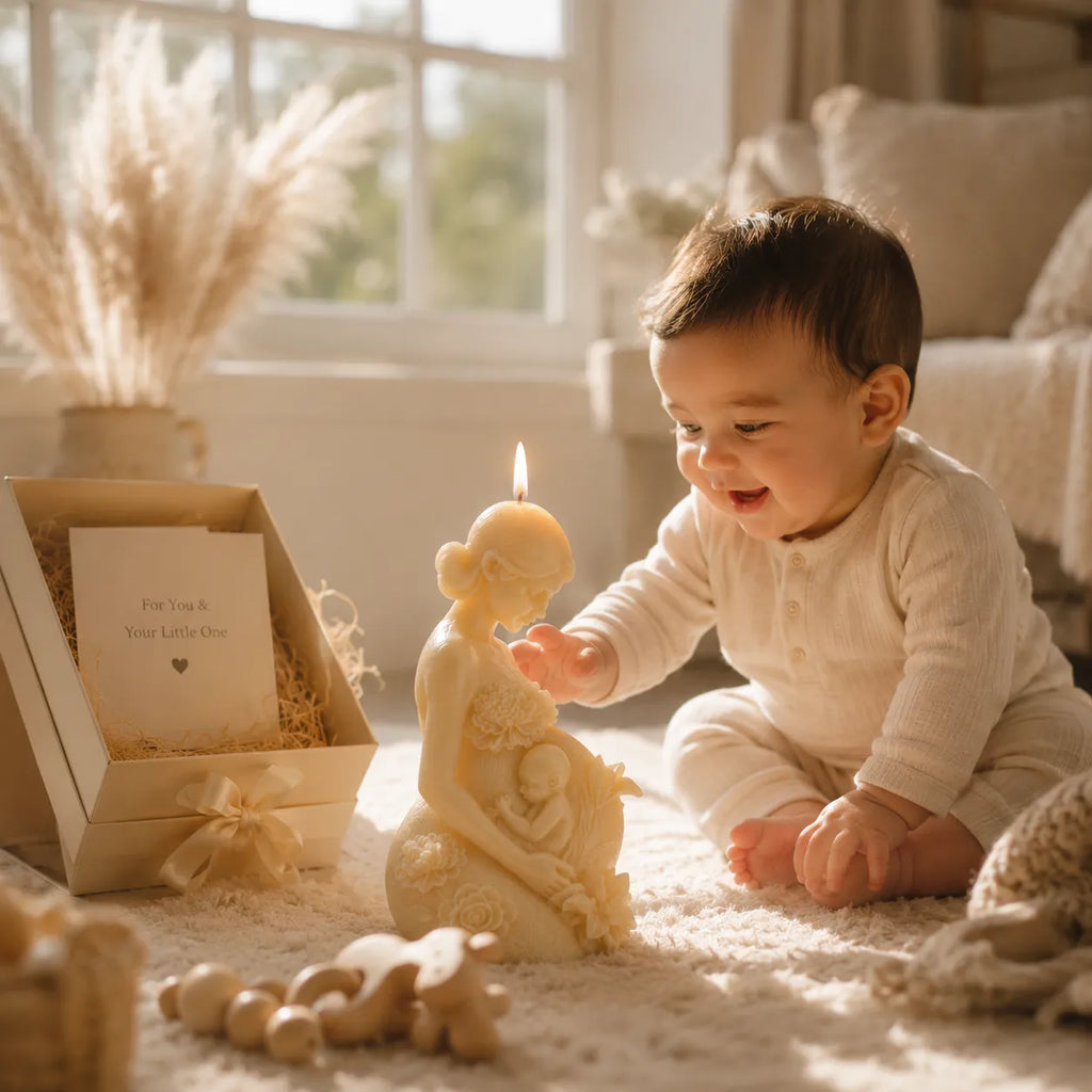 Baby interacting with a decorative candle in a warm, sunlit room.