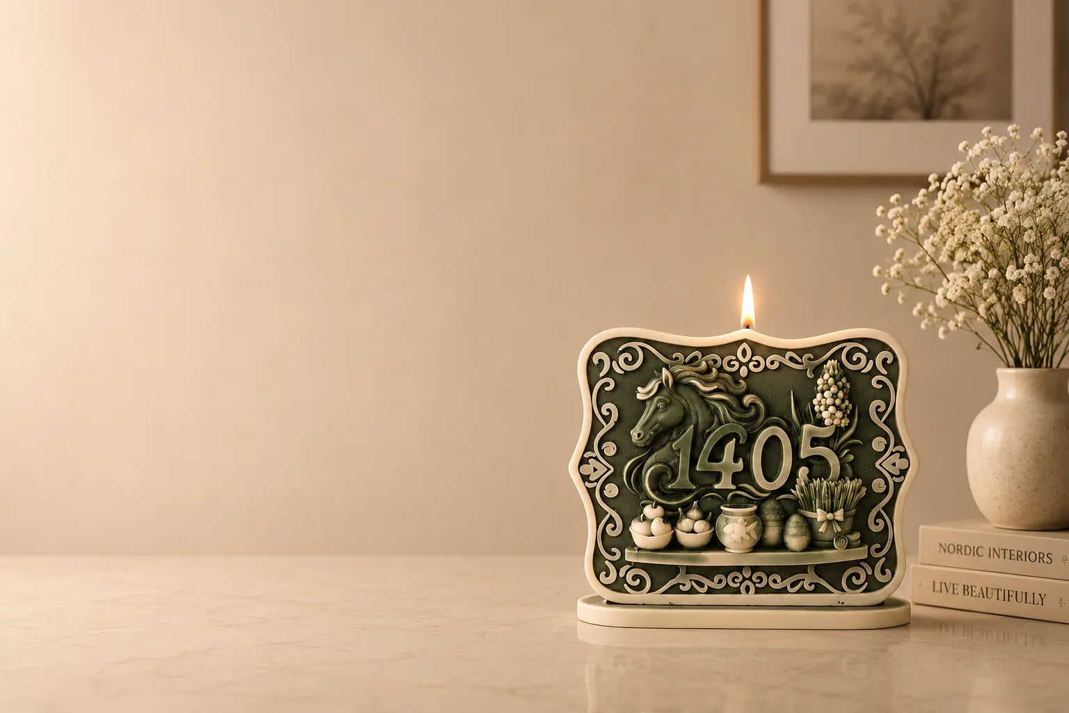 Decorative candle with number '405' and horse design on a beige surface.