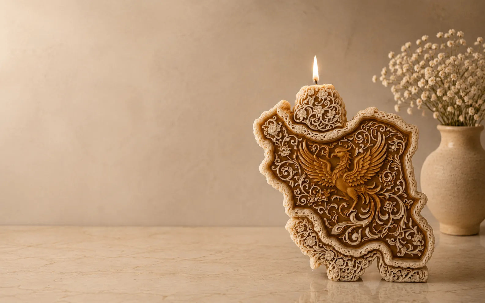 Decorative candle shaped like a lion with intricate designs, on a wooden surface with a neutral background.