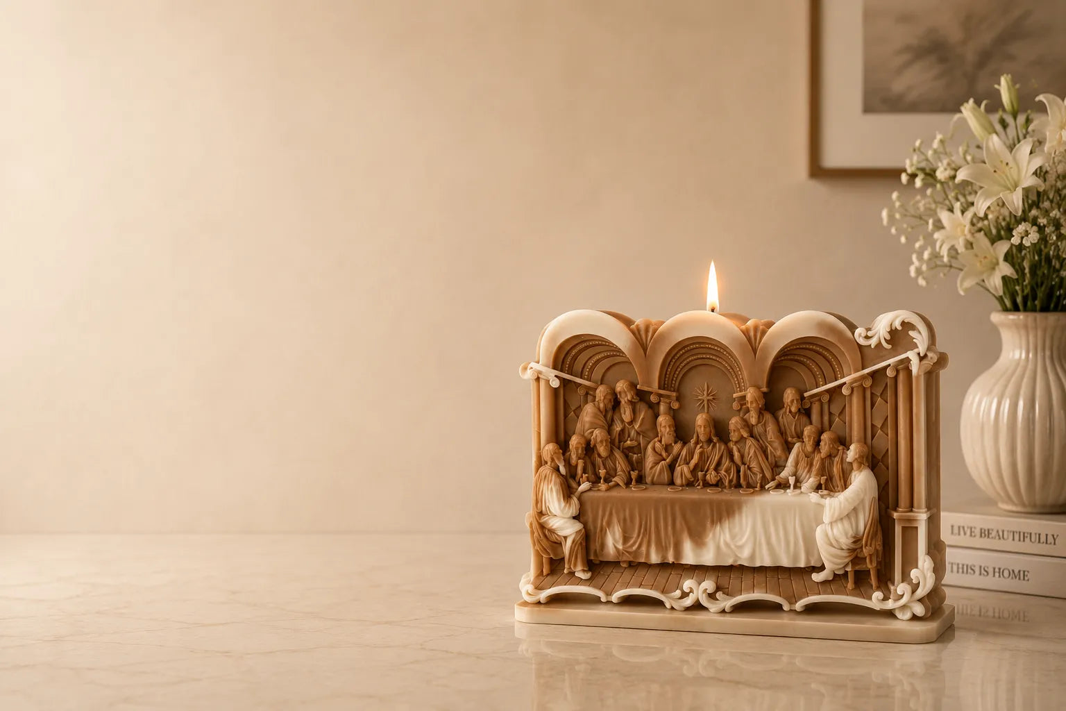 Decorative candle with a scene of people around a table on a beige surface.