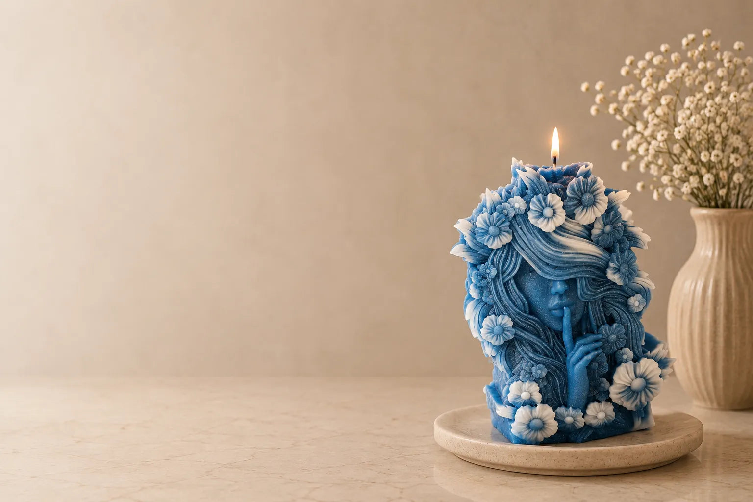 Decorative blue candle with floral design on a beige surface