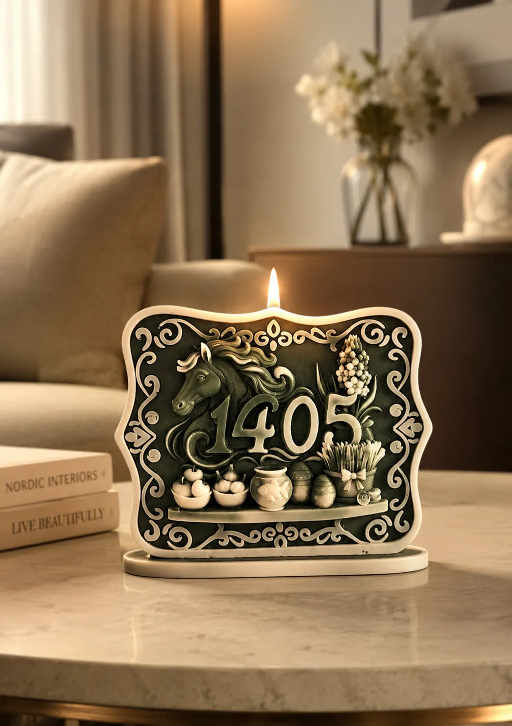 Decorative candle with number '1405' on a marble surface with books and flowers in the background.
