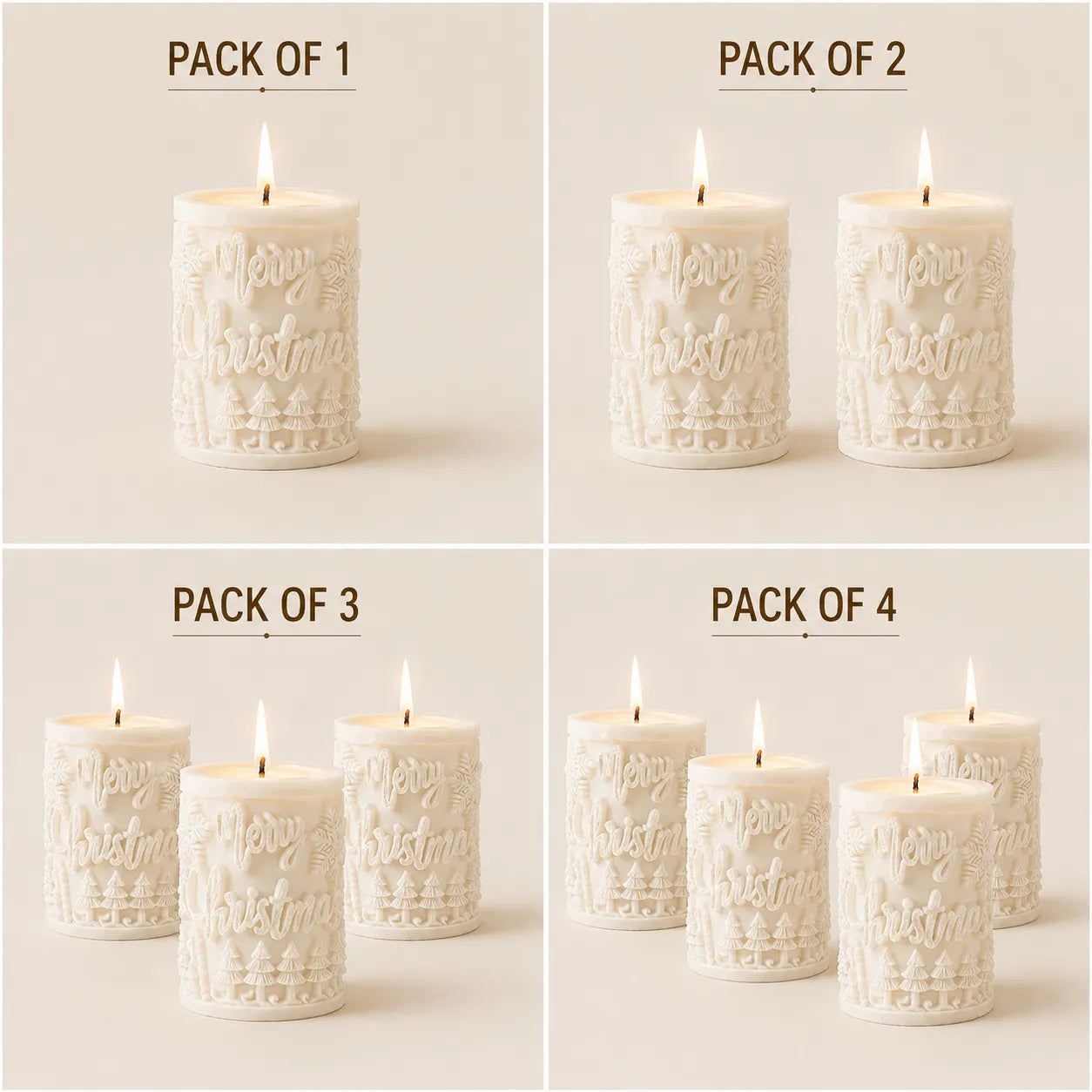 Collage of white embossed candles with text, showing different quantity packs on a light background.