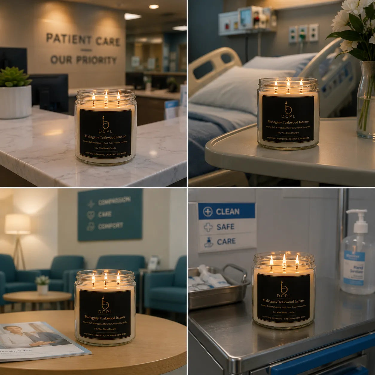 Candle with 'b by Bumud' branding in various settings including a hospital room and waiting area.
