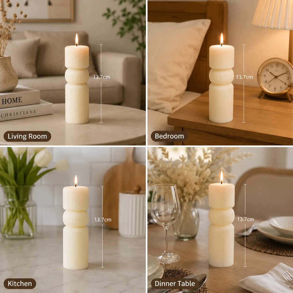 Collage of a cylindrical candle with measurements in different settings: living room, bedroom, kitchen, and dinner table.