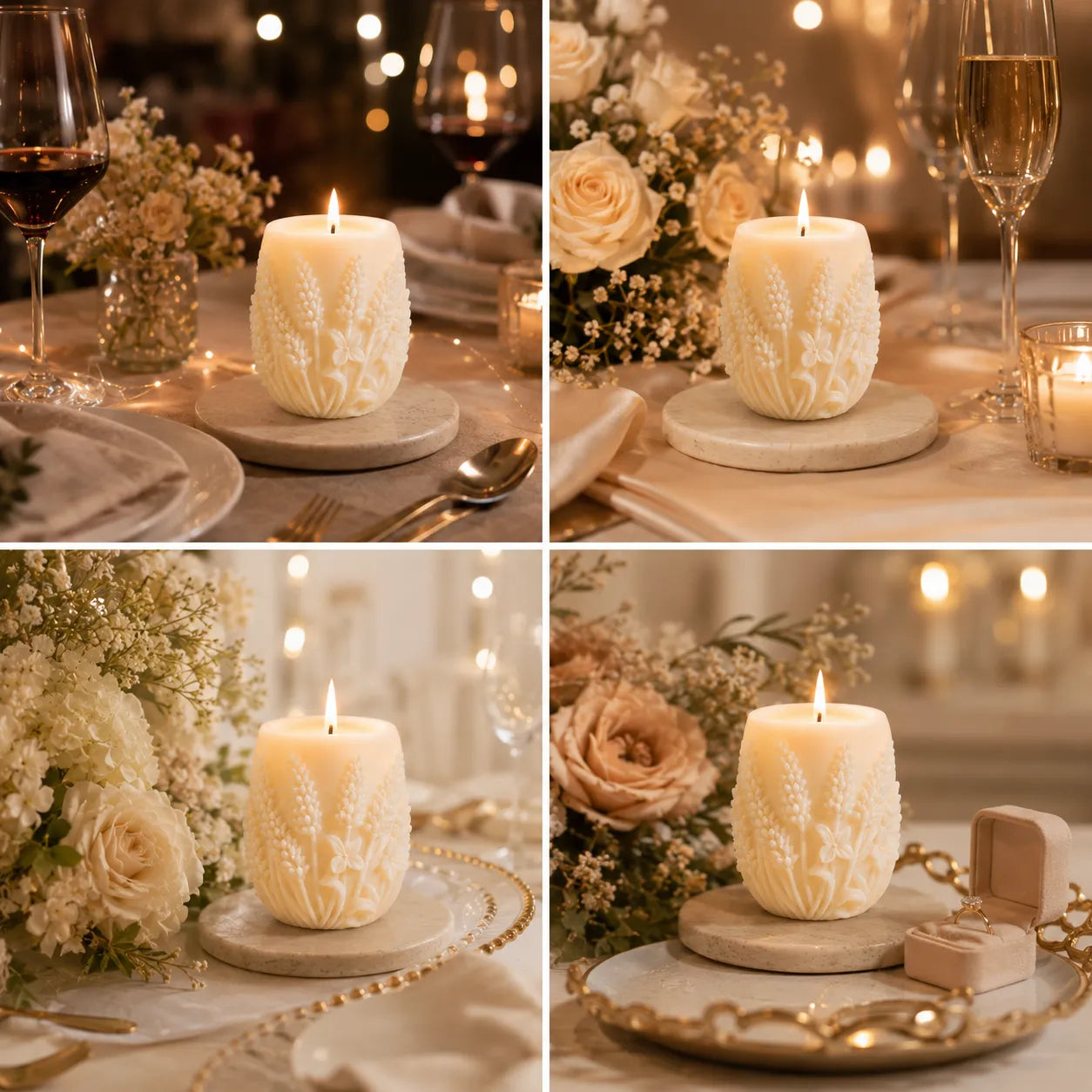 Decorative candle with intricate design on a table setting with flowers and glasses.