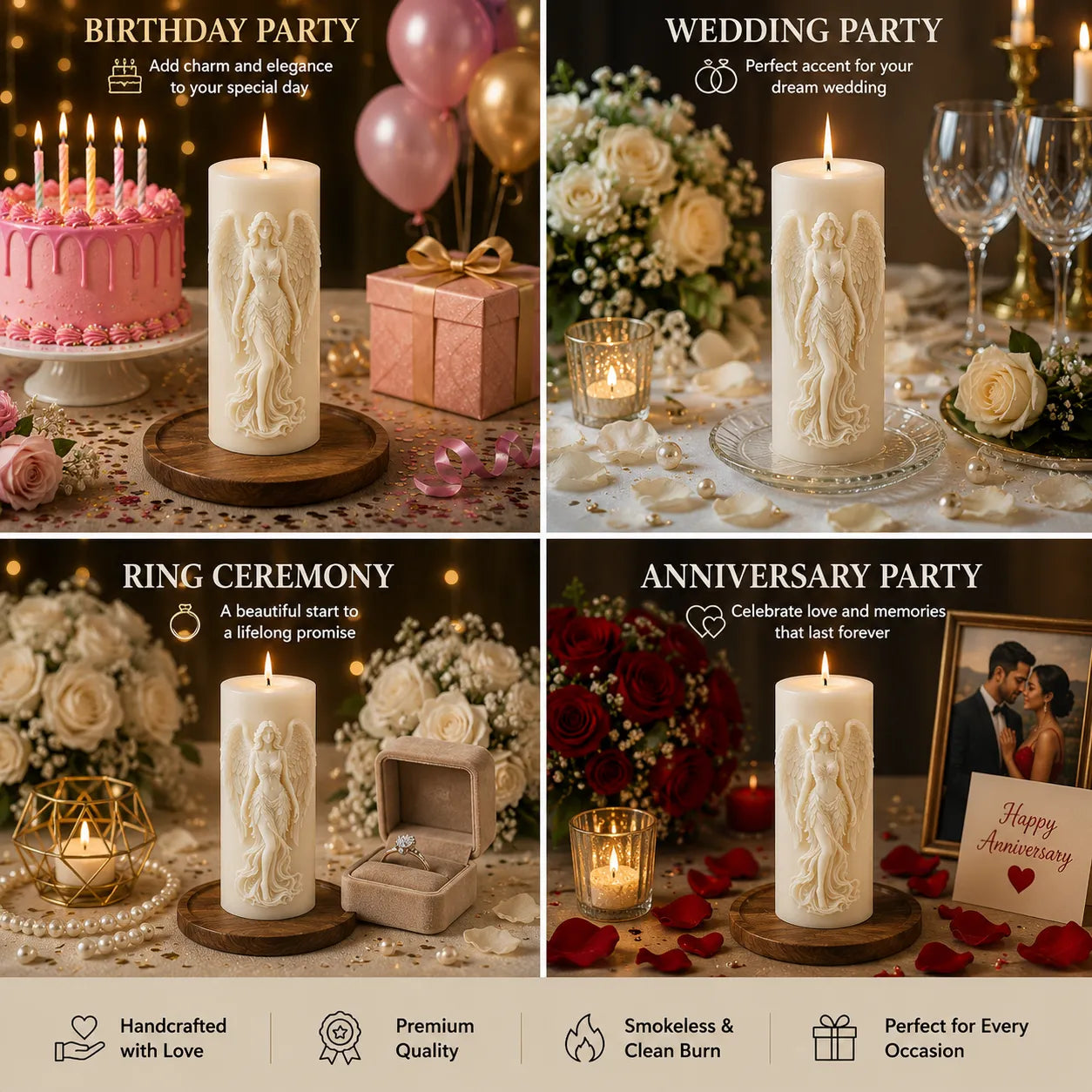 Decorative candles with artistic designs on a table setting for various occasions including birthday, wedding, ring ceremony, and anniversary.