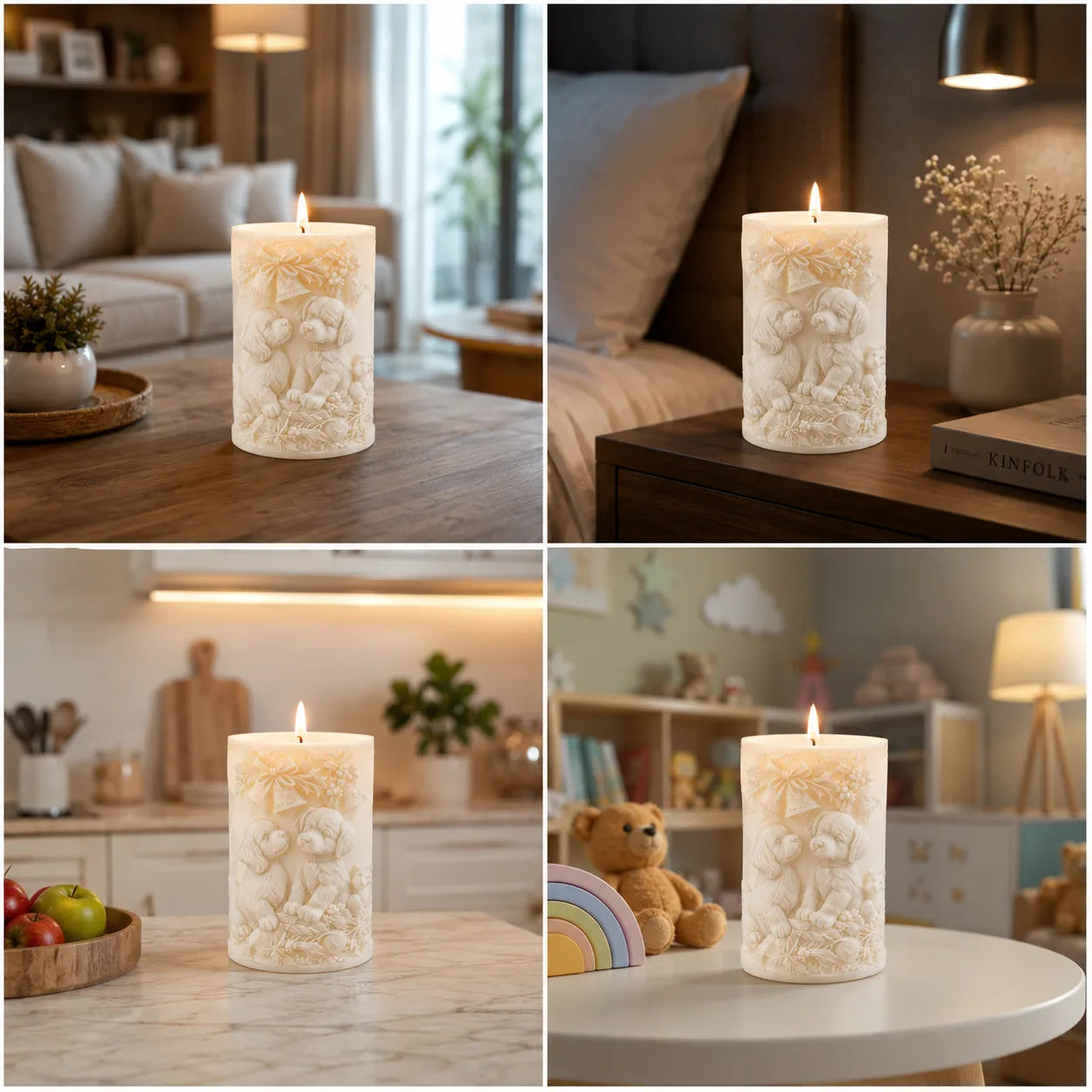 Decorative candle with teddy bear design in various settings