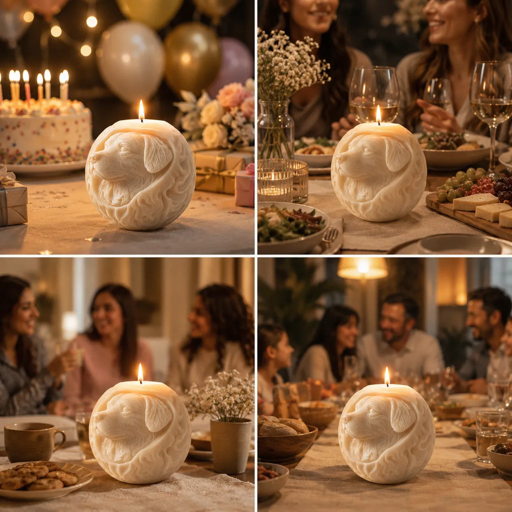 Collage of a dog-shaped candle on a table with people and festive decorations.
