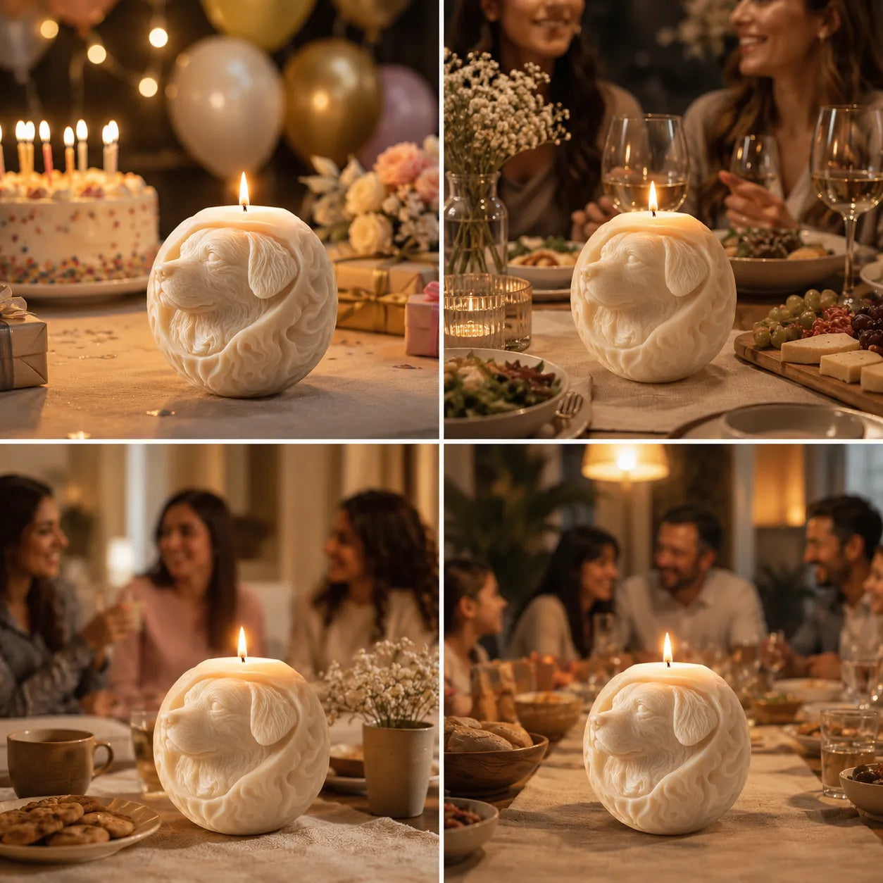 Collage of a dog-shaped candle on a table with people and festive decorations.