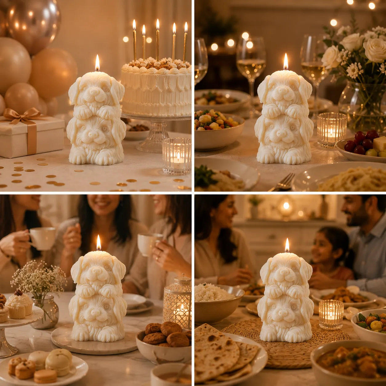 Collage of a decorative candle shaped like a dog on a table with people enjoying a meal.