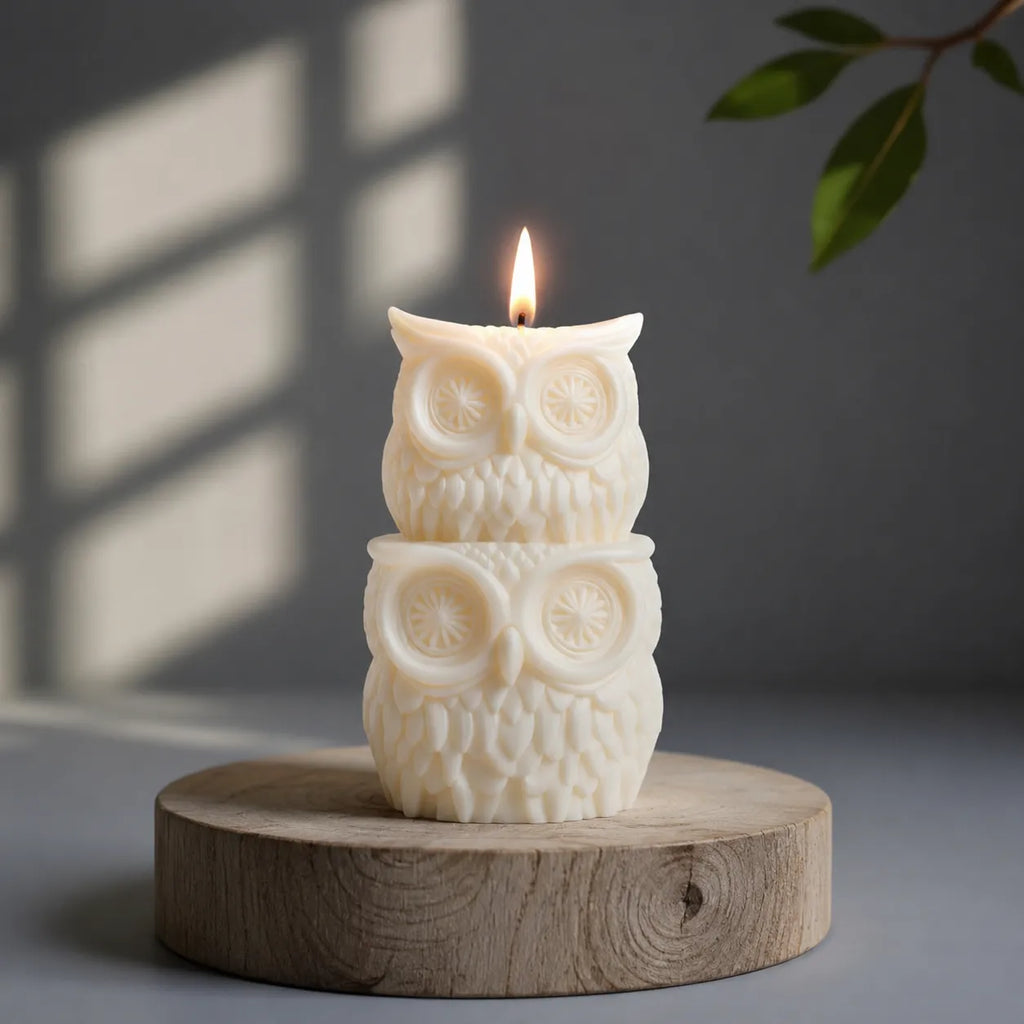 Two stacked owl-shaped candles on a wooden base with a dark background