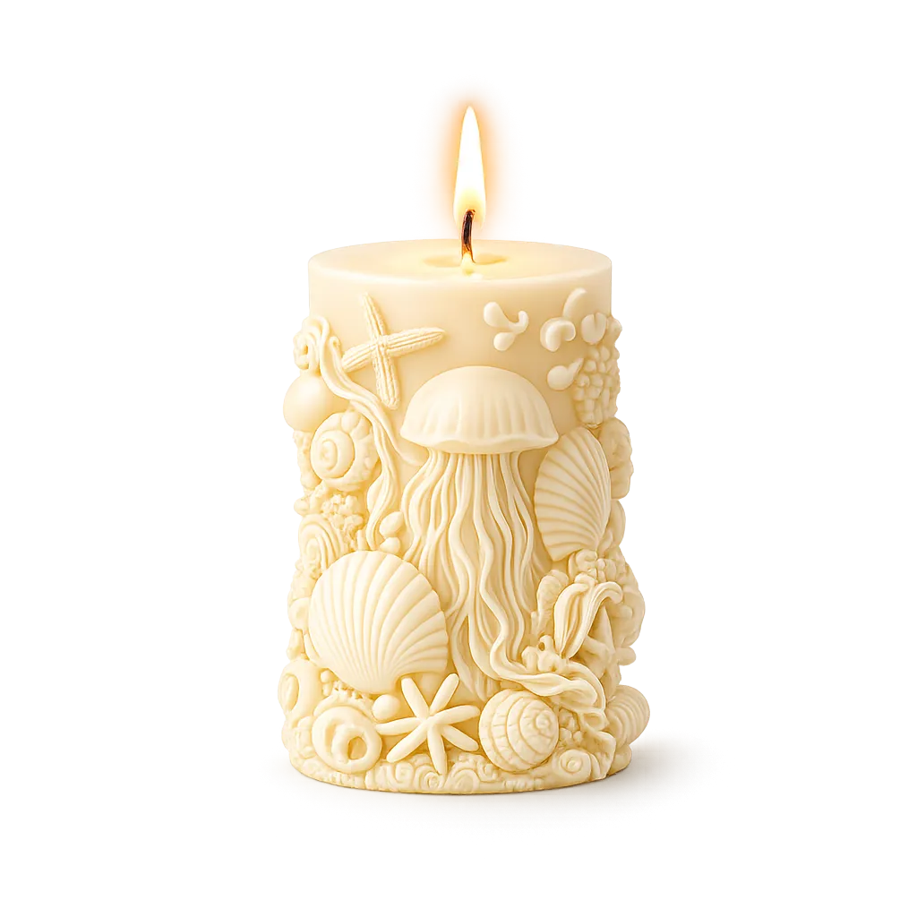 Decorative candle with ocean-themed design on a white background