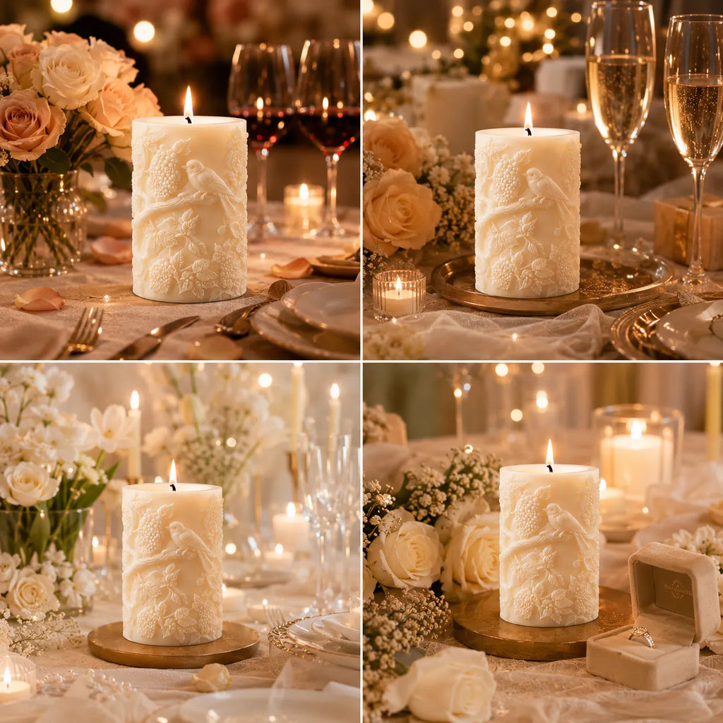 Decorative candle with embossed design on a table setting with flowers and glasses.
