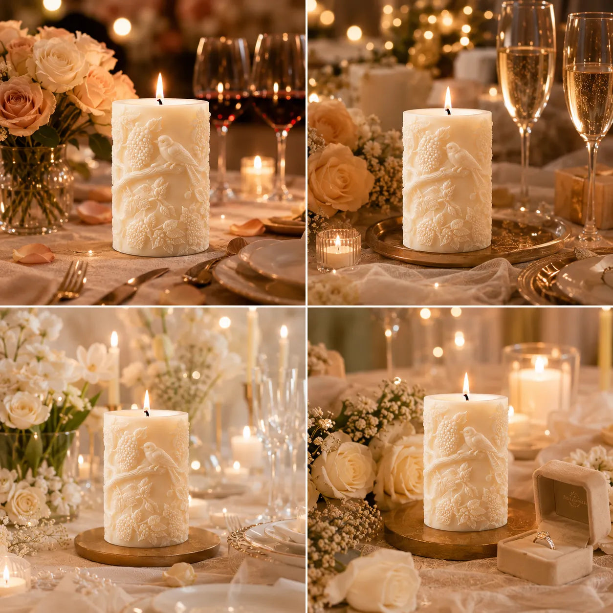 Decorative candle with embossed design on a table setting with flowers and glasses.