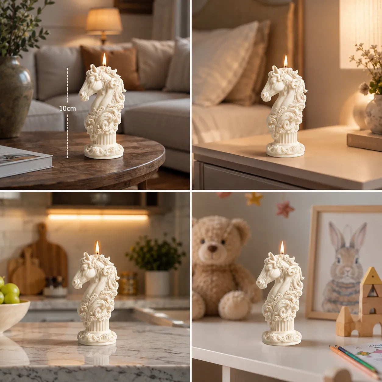 Decorative horse-shaped candle on a table in various settings