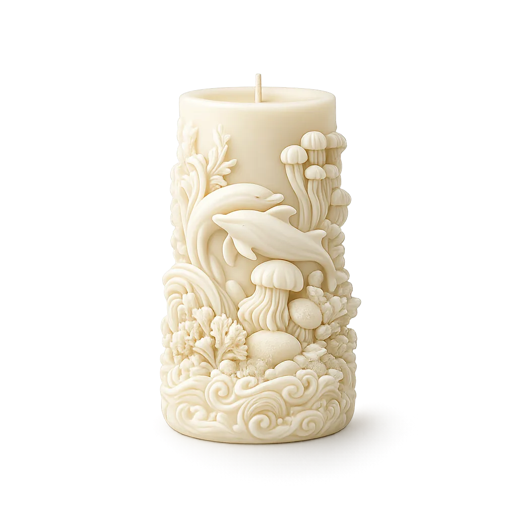 Decorative candle with intricate ocean-themed carvings on a white background