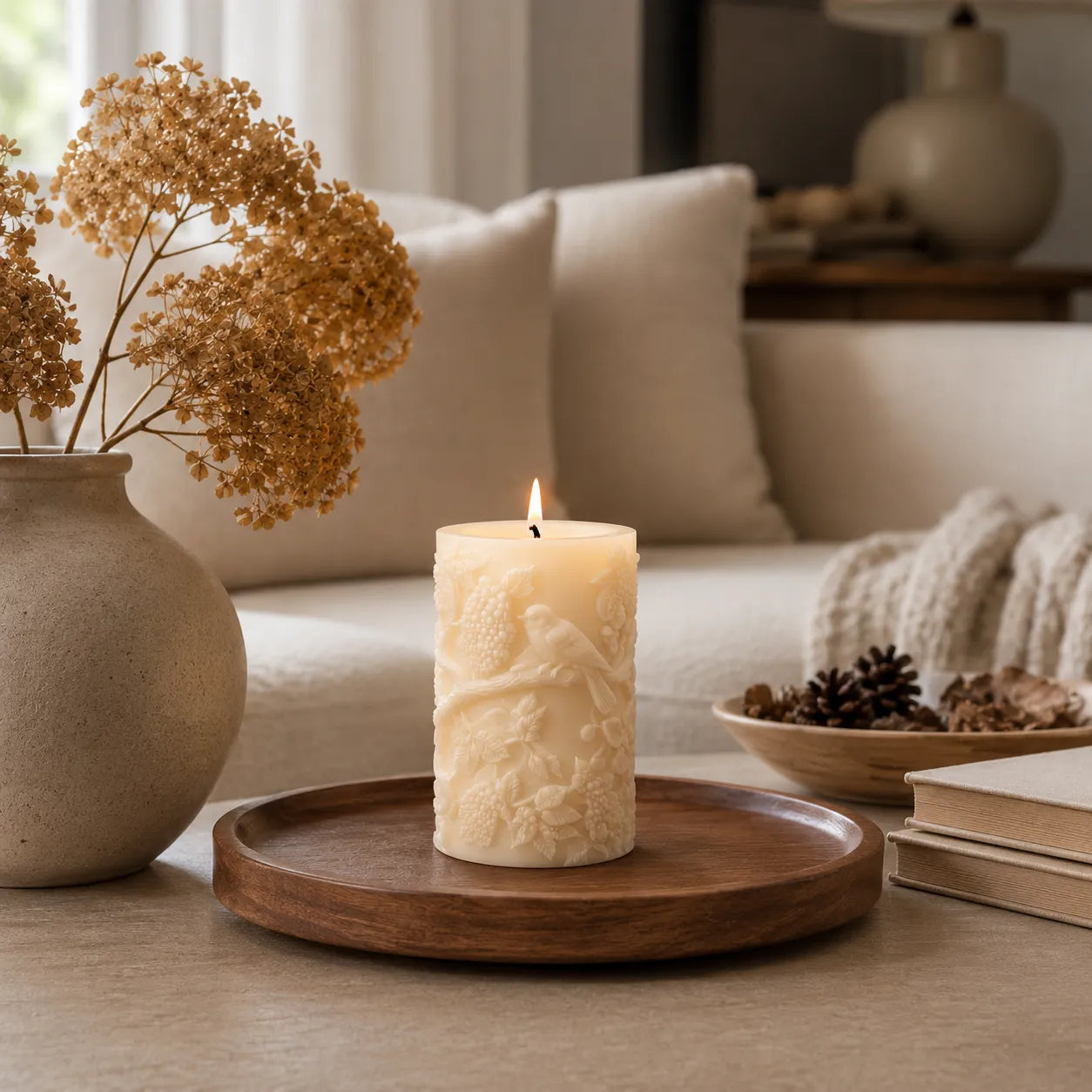 Decorative candle on a wooden tray with a vase of dried flowers and a bowl of pinecones in a cozy living room setting.