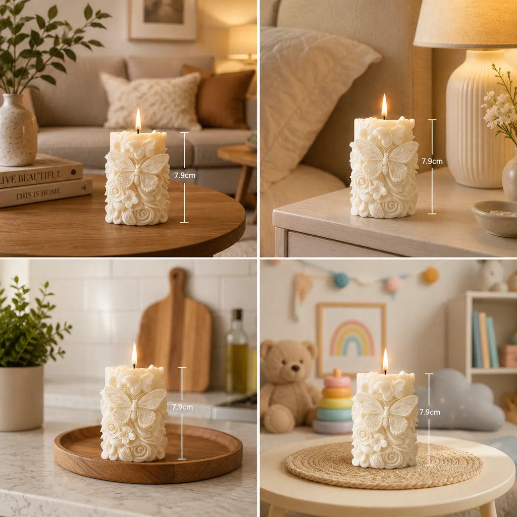 Collage of a decorative candle with measurements in various home settings.