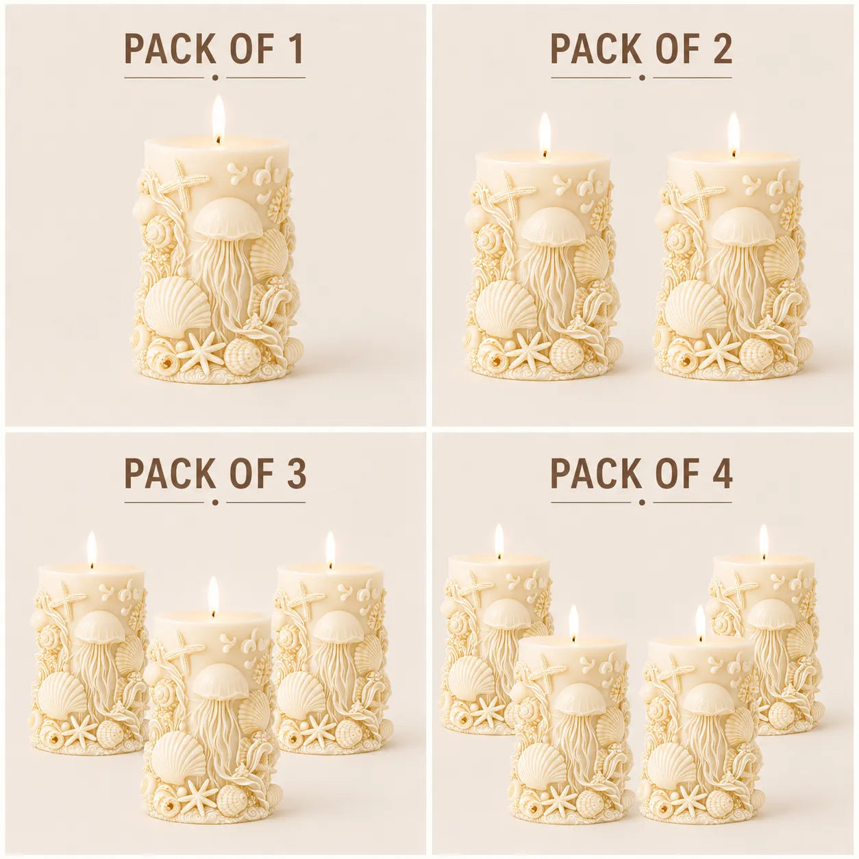 Set of decorative candles with sea-themed design, shown in packs of 1 to 4.